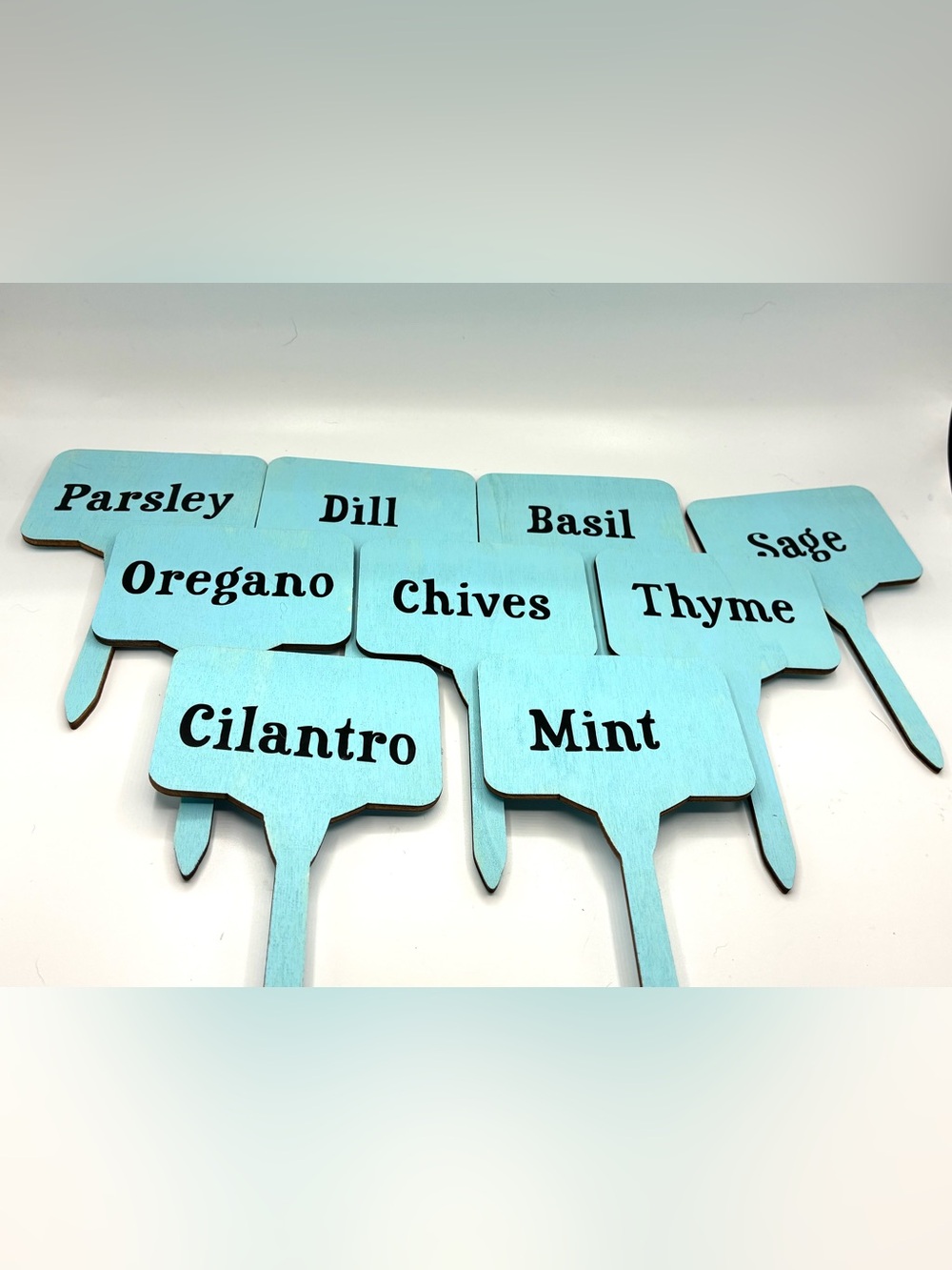 Wooden Garden Herb Markers Set - Aqua Blue with Black Text